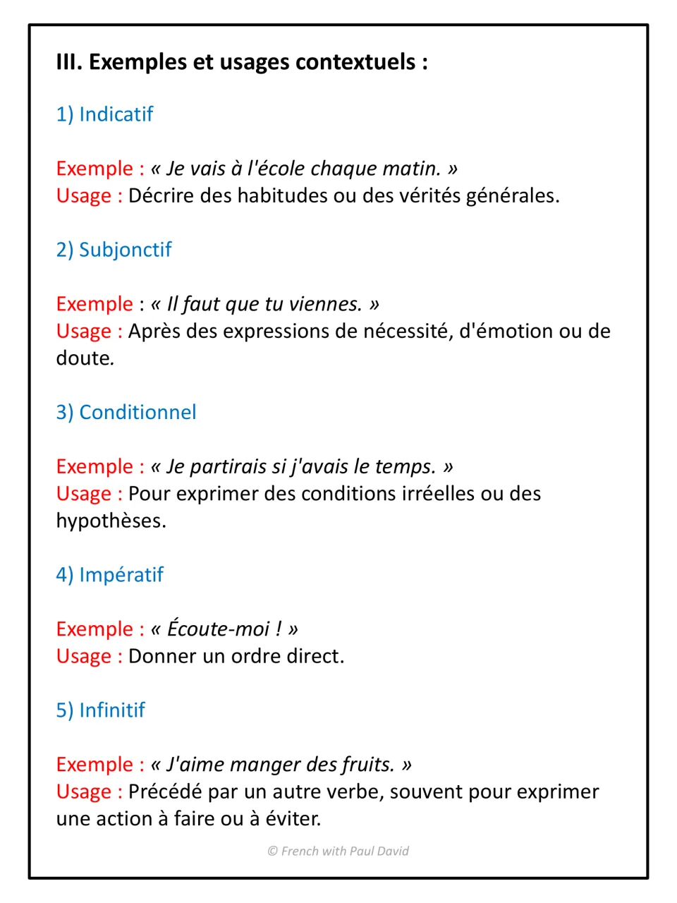 Mood examples in context: a sample sentence and usage note for indicatif, subjonctif, conditionnel, impératif and infinitif