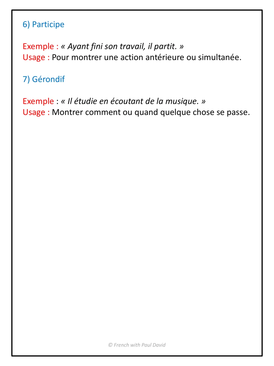 Mood examples continued: participe sentence 'Ayant fini son travail, il partit' and a gérondif sentence, with usage notes