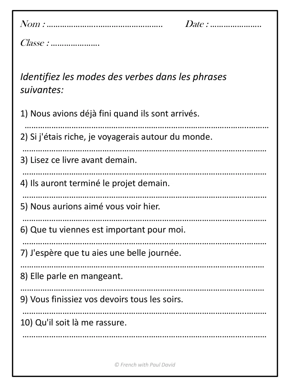 Identifying moods in sentences: students name the verb moods in 10 French sentences such as 'Lisez ce livre avant demain'