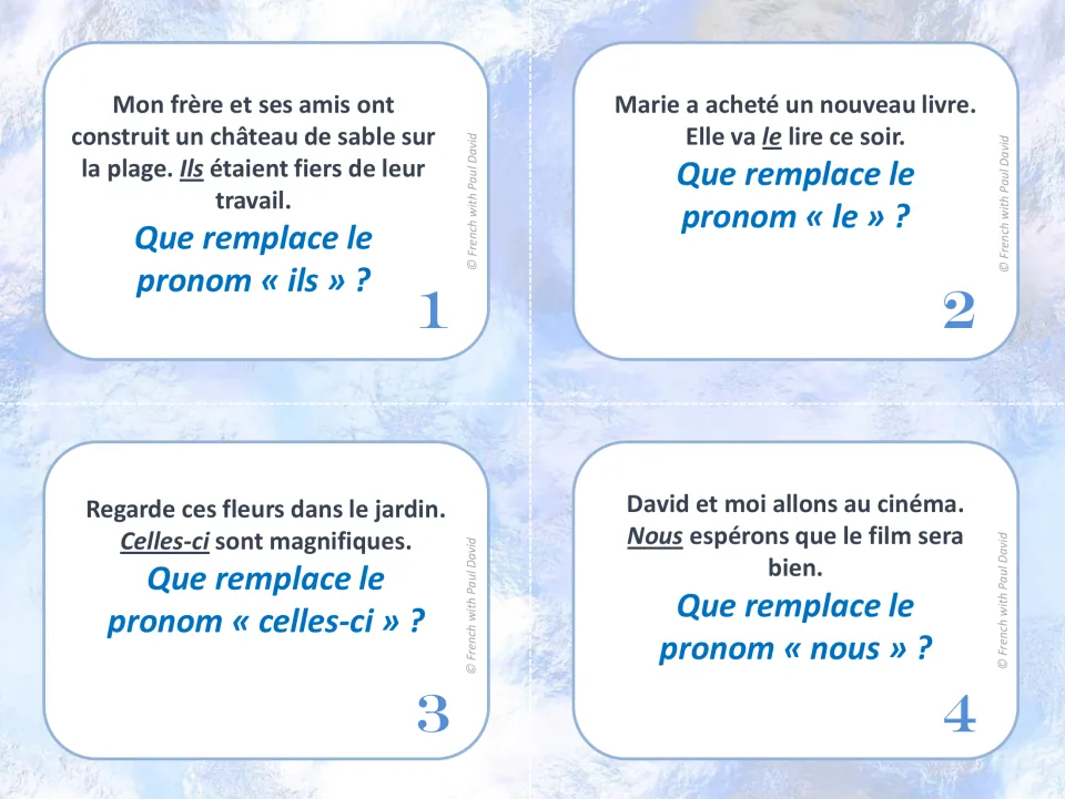French pronoun task cards 1-4: students read a sentence and name what ils, le, celles-ci and nous replace in it