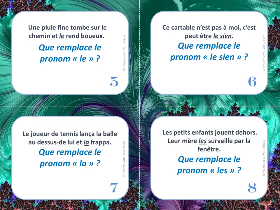 Cards 5-8 on substitution words: students identify the noun that le, le sien, la and les stand for in each sentence
