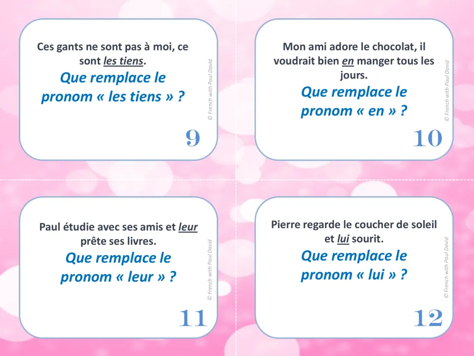 Cards 9-12, French pronoun referents: learners find what les tiens, en, leur and lui refer to in short sentences