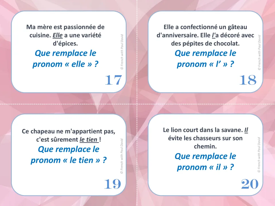 Cards 17-20: students name the antecedent of elle, l', le tien and il in sentences about cooking, a cake, a hat and a lion