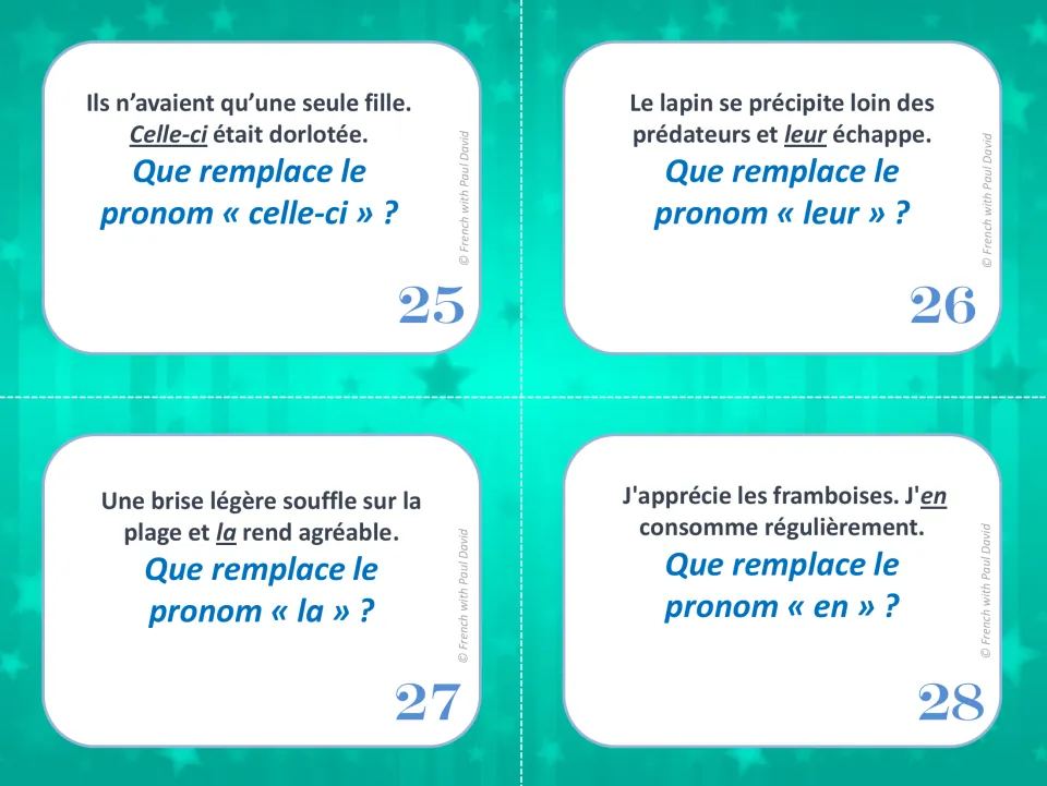Cards 25-28: learners identify what celle-ci, leur, la and en replace in sentences on a daughter, rabbit, breeze, berries