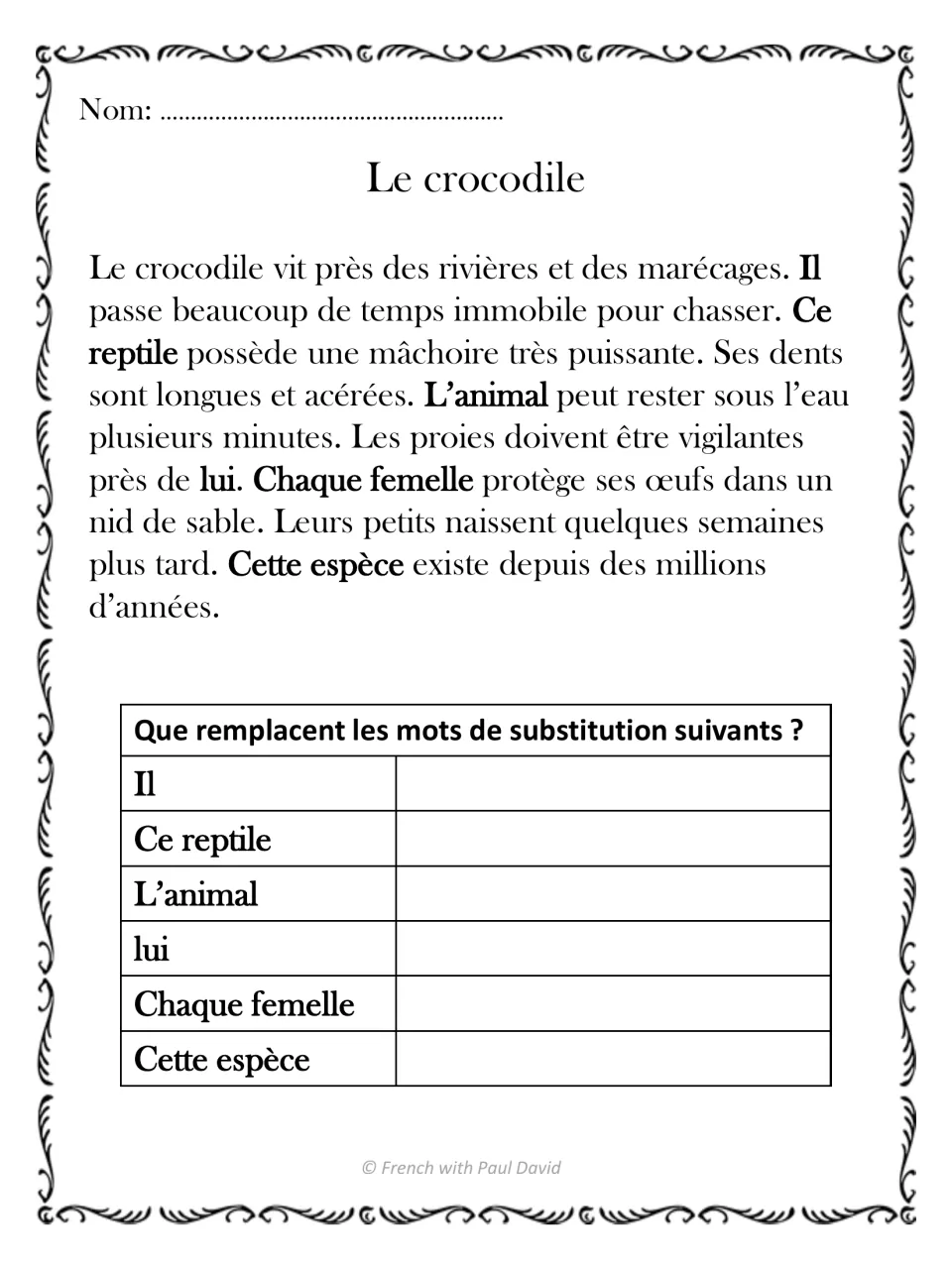 Le crocodile: students read a short French text and tell what 6 bold substitute words like Il and Ce reptile replace