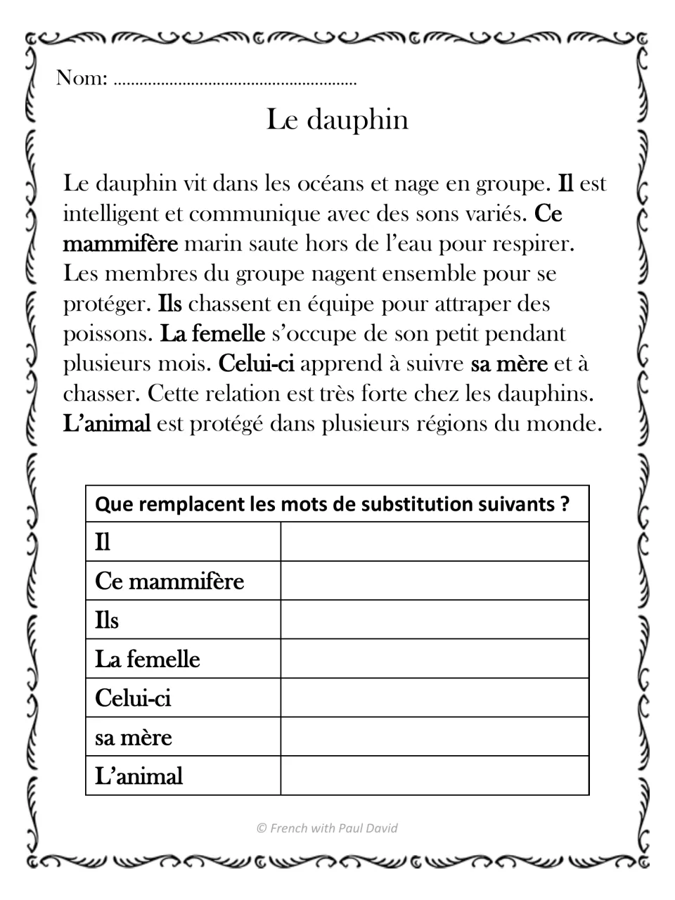 Le dauphin: French reading on dolphins; students identify what 7 bolded words such as Ce mammifère and Celui-ci refer to