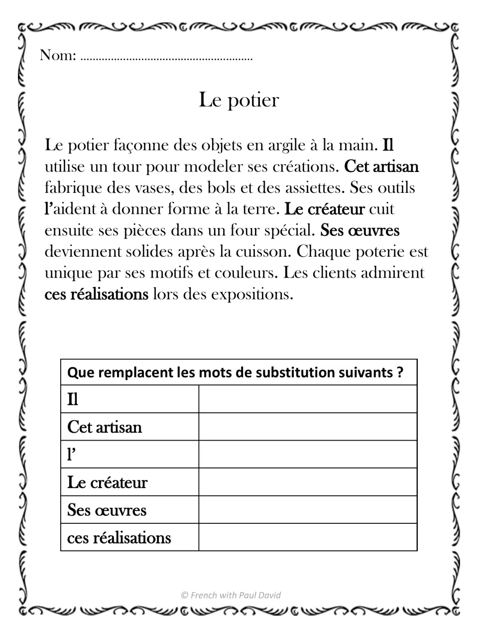 Le potier: a French passage about a potter; students find the noun each bold word replaces, from Il to ces réalisations