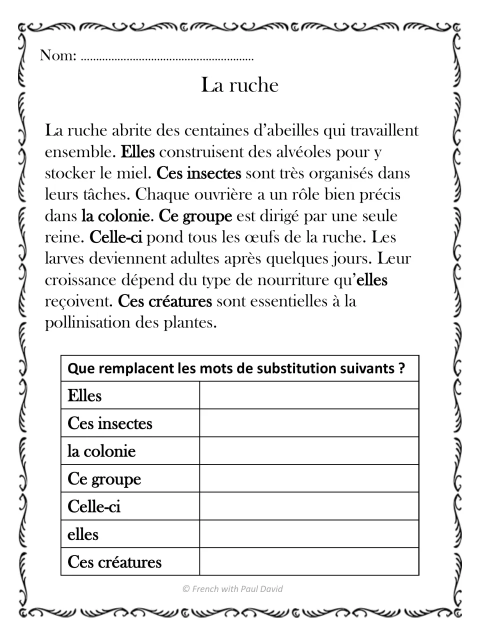 La ruche: French text on a beehive; students name what 7 substitutes like Ces insectes, Celle-ci and Ces créatures replace