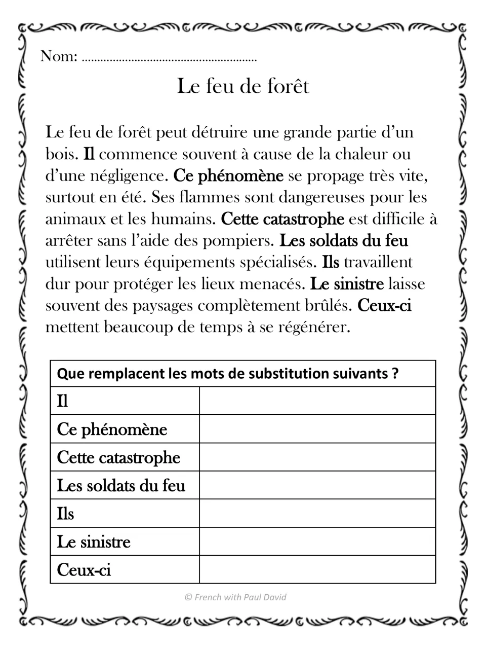 Le feu de forêt: French wildfire text; students explain what 7 terms like Ce phénomène and Les soldats du feu replace