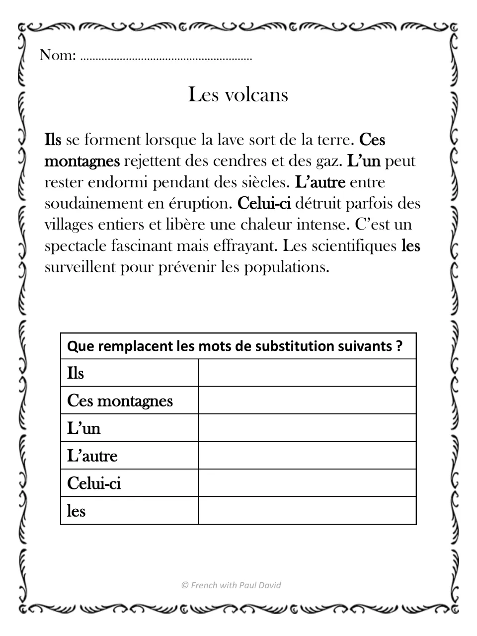 Les volcans: short French text on volcanoes; students trace referents for Ils, Ces montagnes, L'un, L'autre, Celui-ci, les