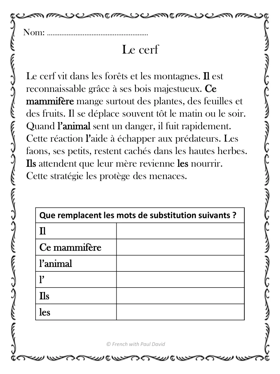 Le cerf: French deer passage; students identify what Il, Ce mammifère, l'animal, l', Ils and les each stand for