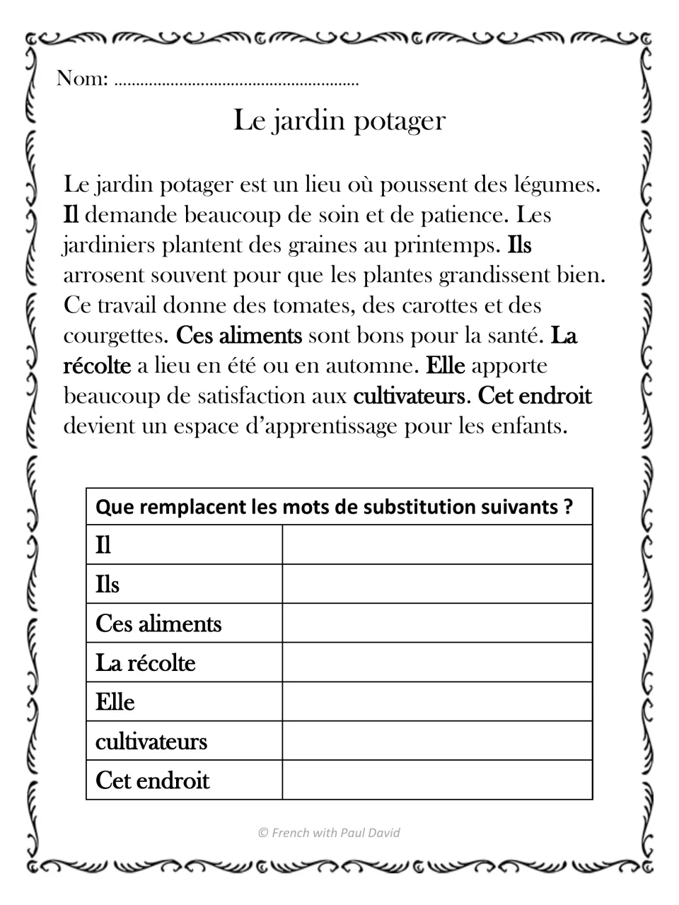 Le jardin potager: French garden text; students tell what 7 bold words like Ces aliments and Cet endroit replace