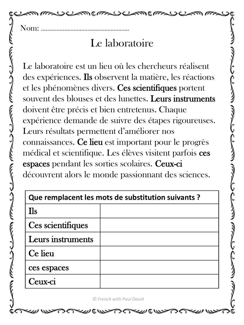 Le laboratoire: French lab passage; students identify what 6 words like Ces scientifiques and Ceux-ci refer back to