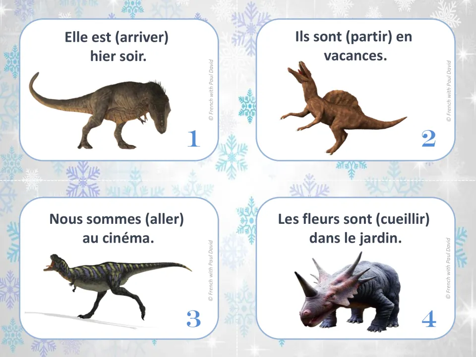 French past participle cards 1–4: sentences using être with arriver, partir, aller and cueillir (to pick).