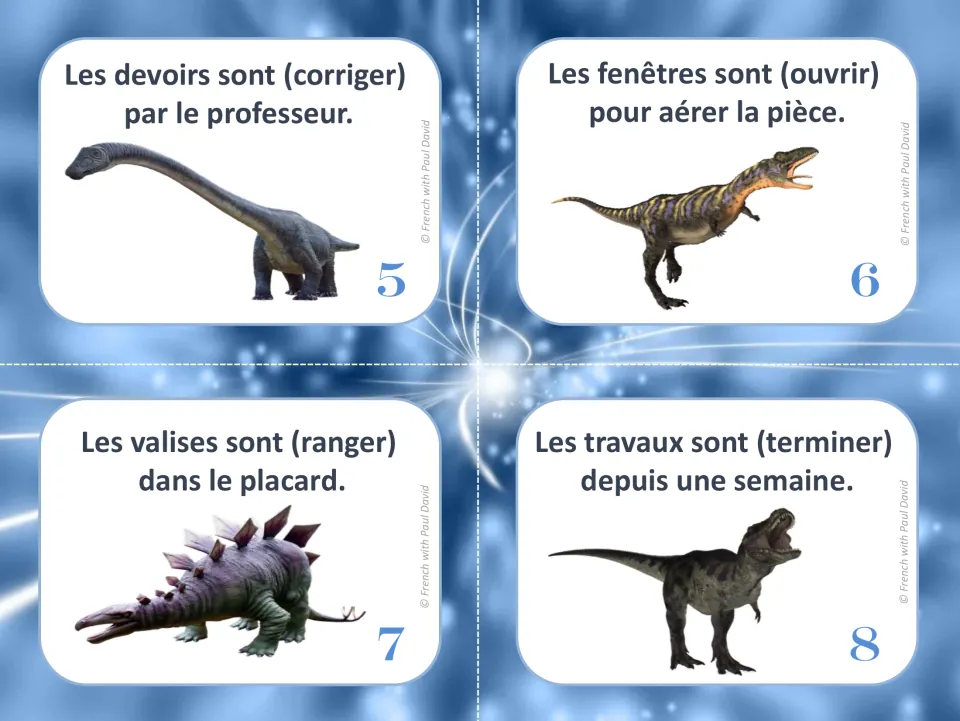French past participle cards 5–8: sentences about corrected homework, open windows, stored bags and finished work.