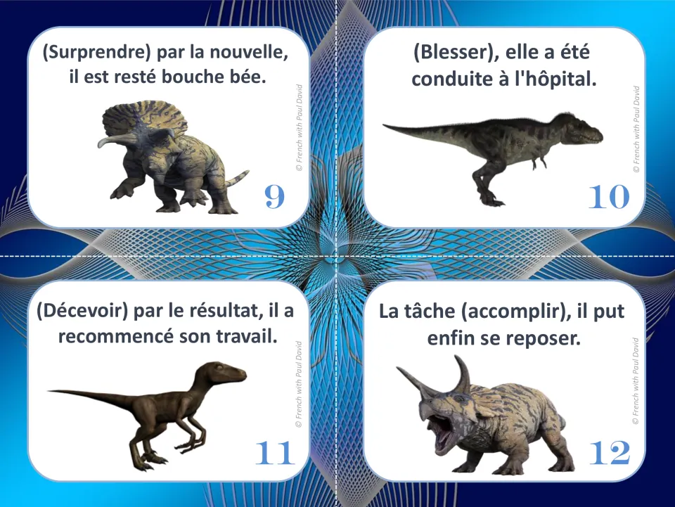 French past participle cards 9–12: standalone forms of surprendre, blesser, décevoir and accomplir (to complete).
