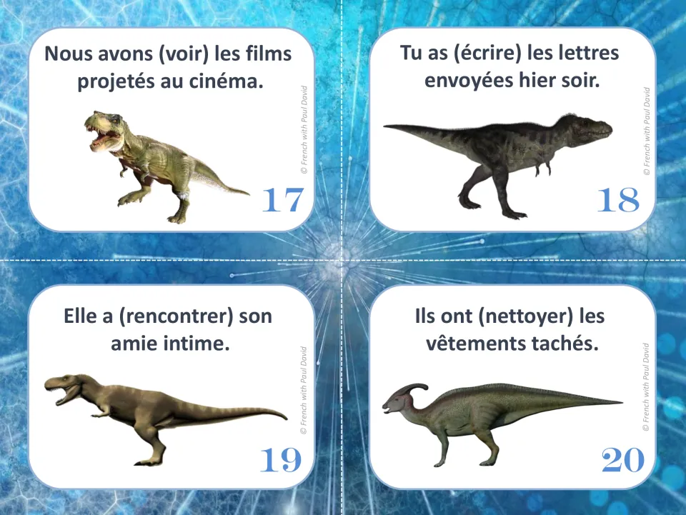 French past participle cards 17–20: avoir sentences using voir, écrire, rencontrer and nettoyer (to clean).