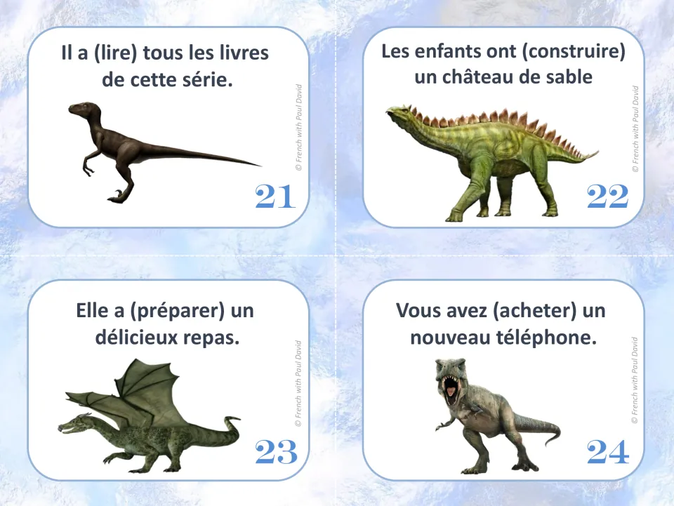 French past participle cards 21–24: avoir sentences about reading books, building a sandcastle, cooking and buying.