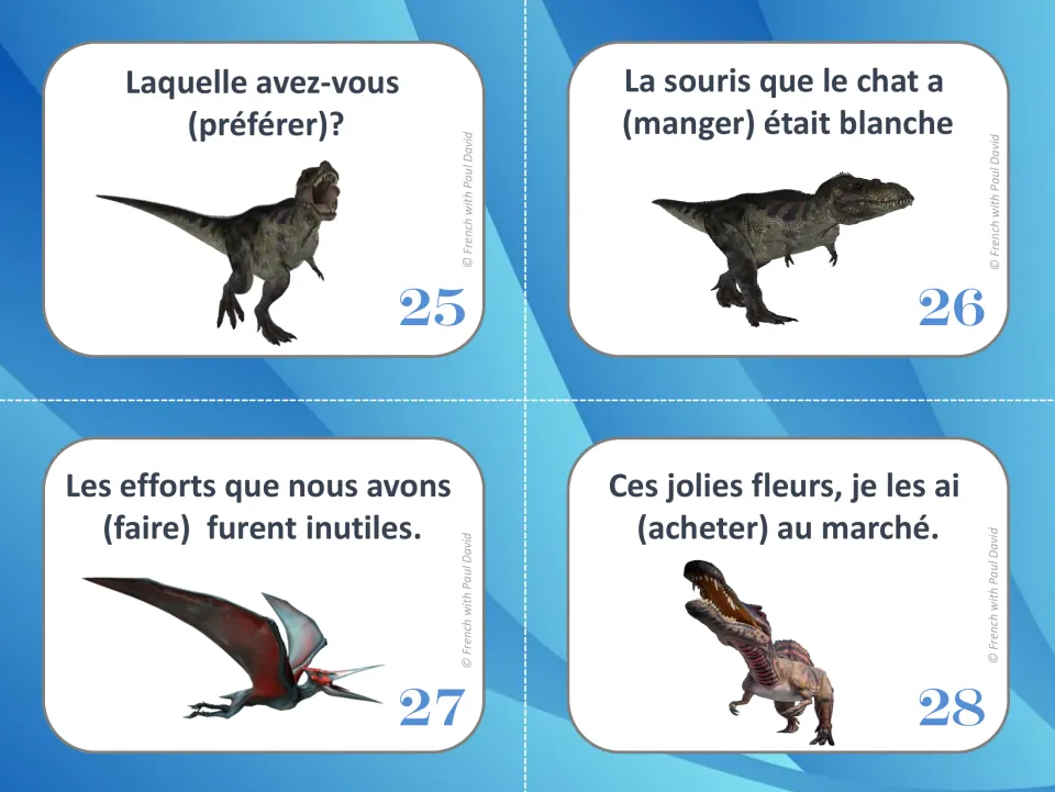 French past participle cards 25–28: preceding direct objects with préférer, manger, faire and acheter (to buy).