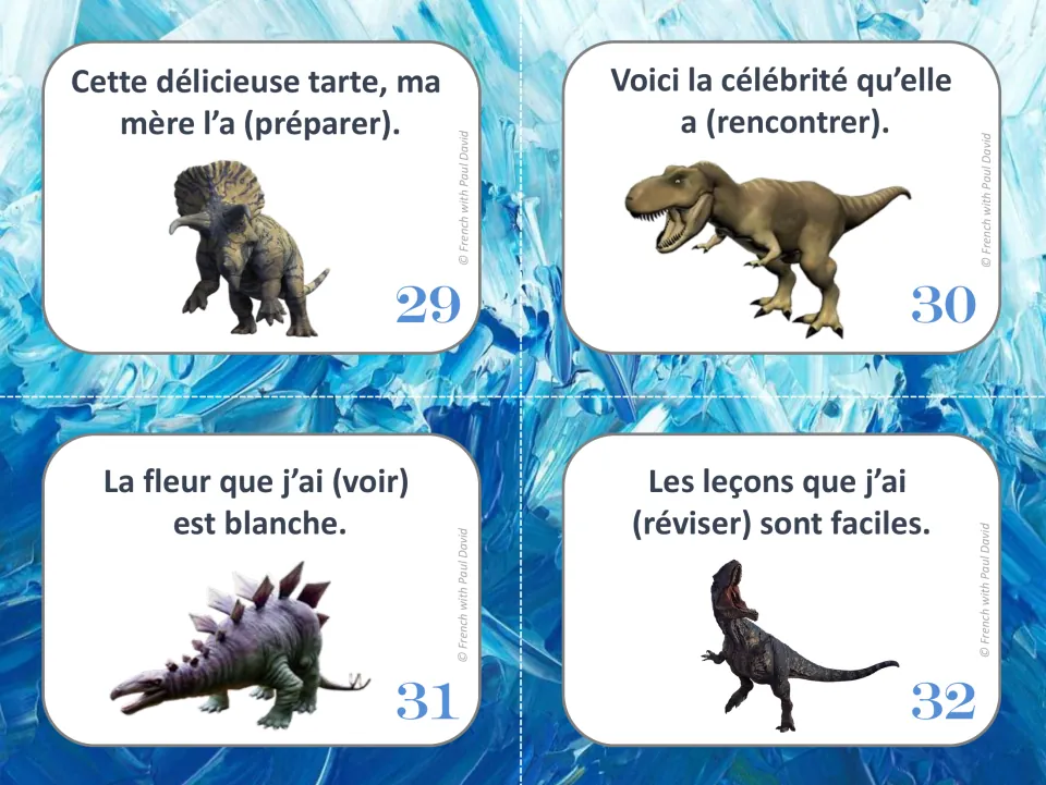 French past participle cards 29–32: agreement with preceding objects referring to a tart, celebrity, flower and lessons.