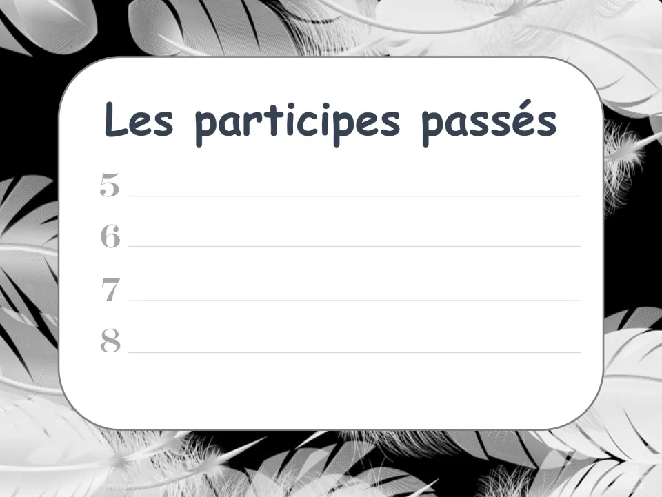 French past participle response sheet for cards 5–8, headed “Les participes passés” (past participles).