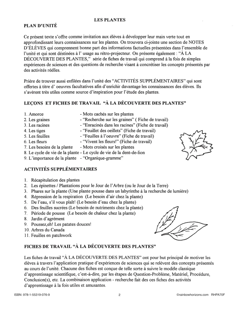 French plant unit plan listing nine lessons, 11 optional activities, and the investigation worksheet format