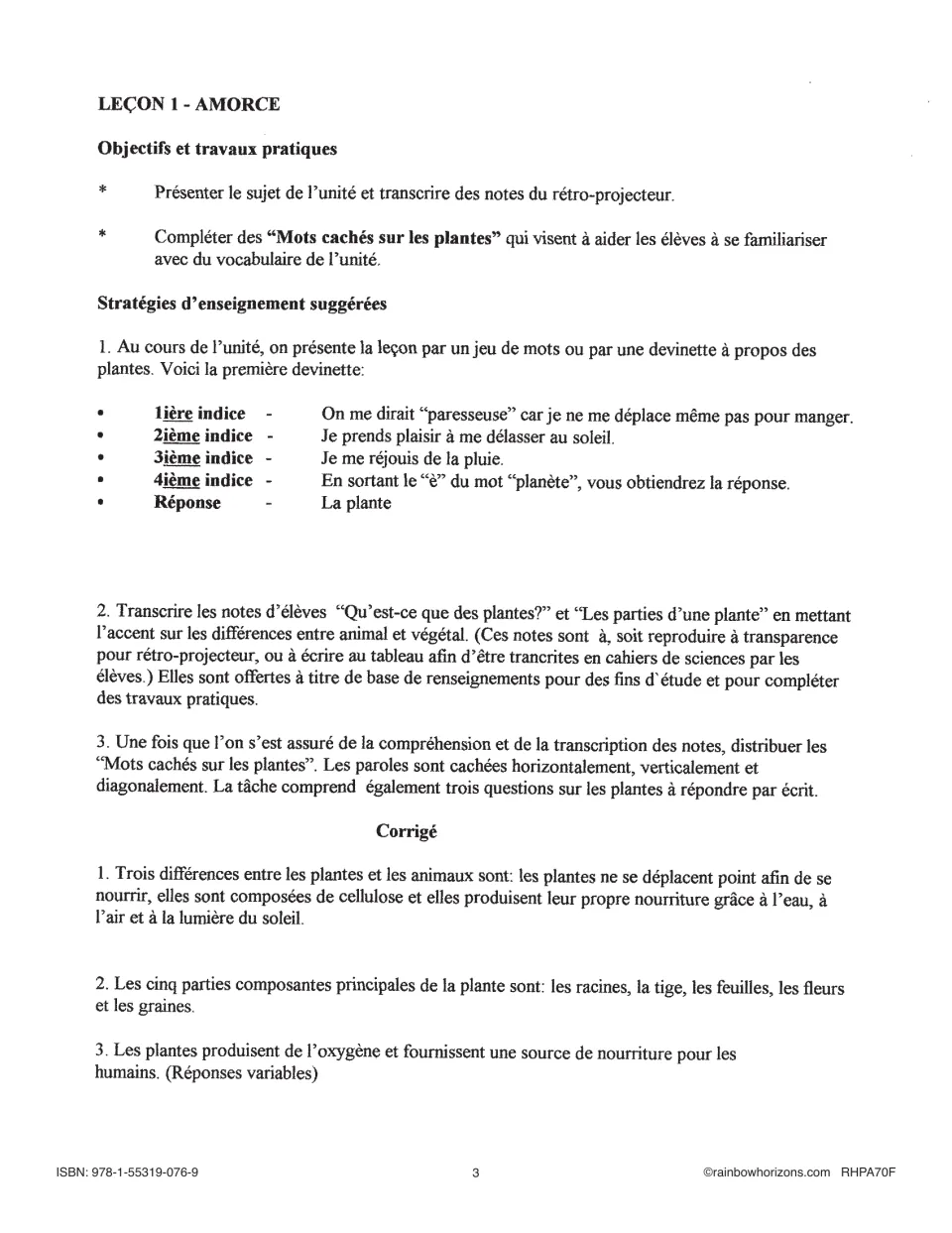 French plant lesson 1 teaching guide: introductory riddle, student notes, word search directions, and answers