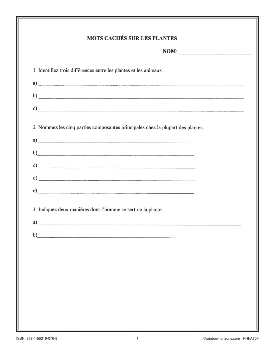 French plant introduction questions ask for three plant-animal differences, five plant parts, and two uses
