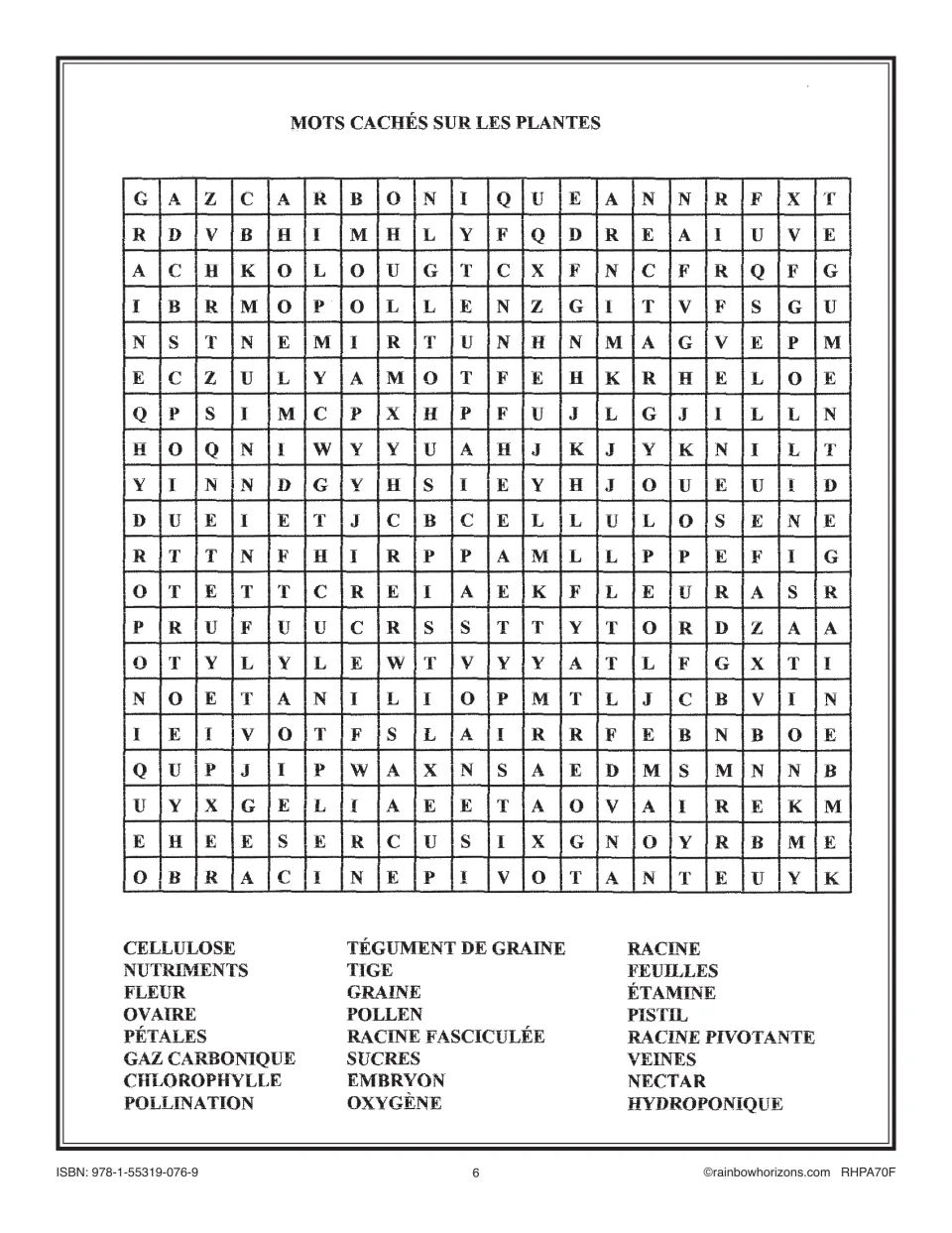 French plant vocabulary word search featuring 24 terms, including graine (seed), pollen, and tige (stem)