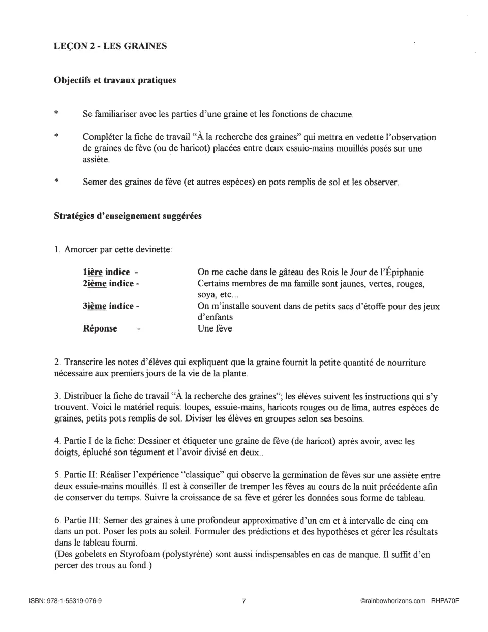 French seed lesson teaching guide covers seed parts, sprouting beans in wet paper towels, and planting in soil