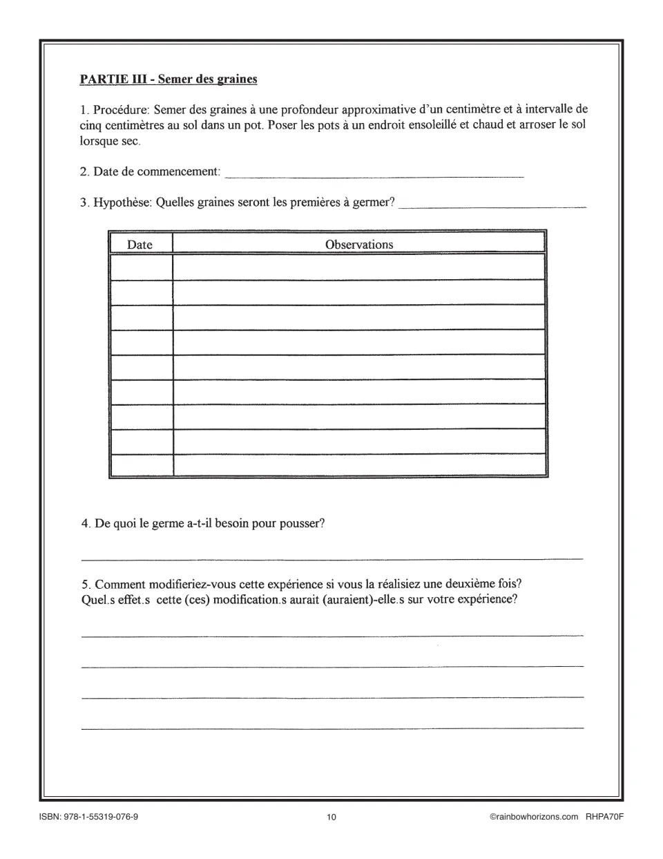 French seed investigation Part III asks students to plant seeds, predict germination, and record observations