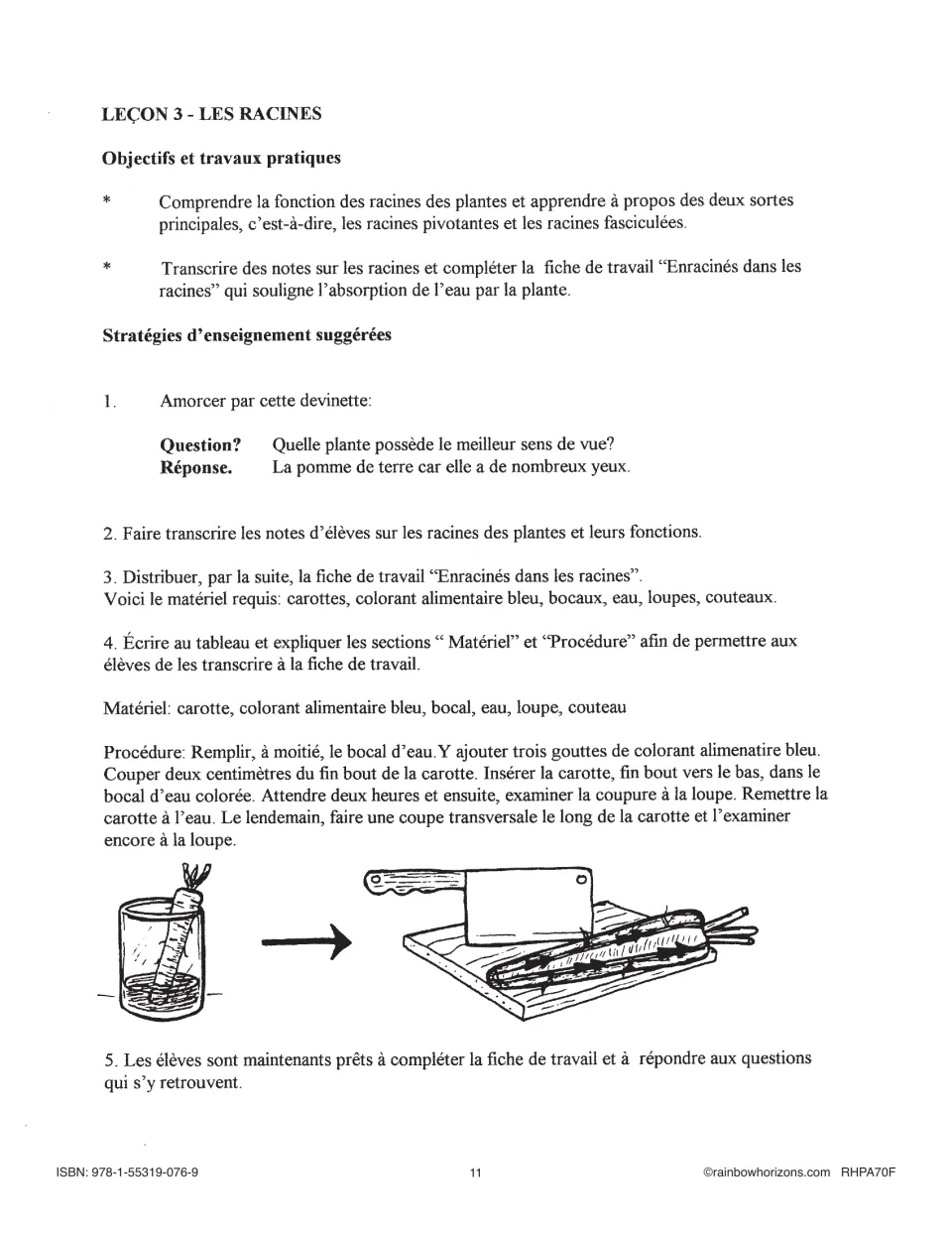 French root lesson teaching guide introduces taproots and fibrous roots plus a carrot and colored-water experiment