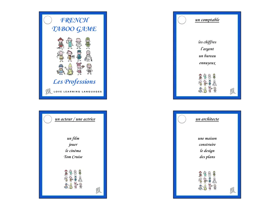 French Taboo title card and cards 1–3: un comptable (accountant), un acteur / une actrice, and un architecte
