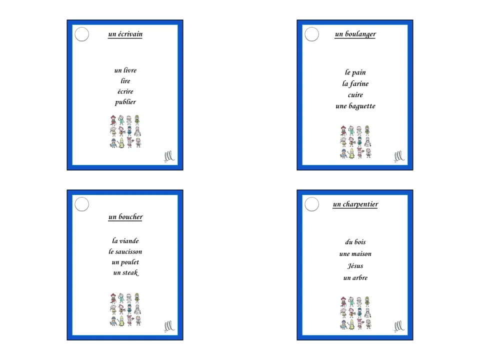 French Taboo cards 4–7: un écrivain (writer), un boulanger (baker), un boucher, and un charpentier