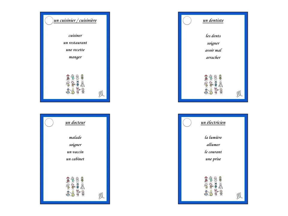 French Taboo cards 8–11: un cuisinier / cuisinière (cook), un dentiste, un docteur, and un électricien
