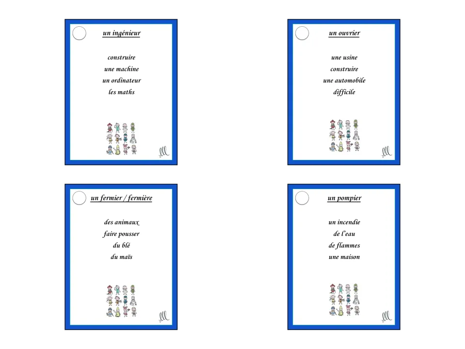 French Taboo cards 12–15: un ingénieur (engineer), un ouvrier, un fermier / fermière, and un pompier