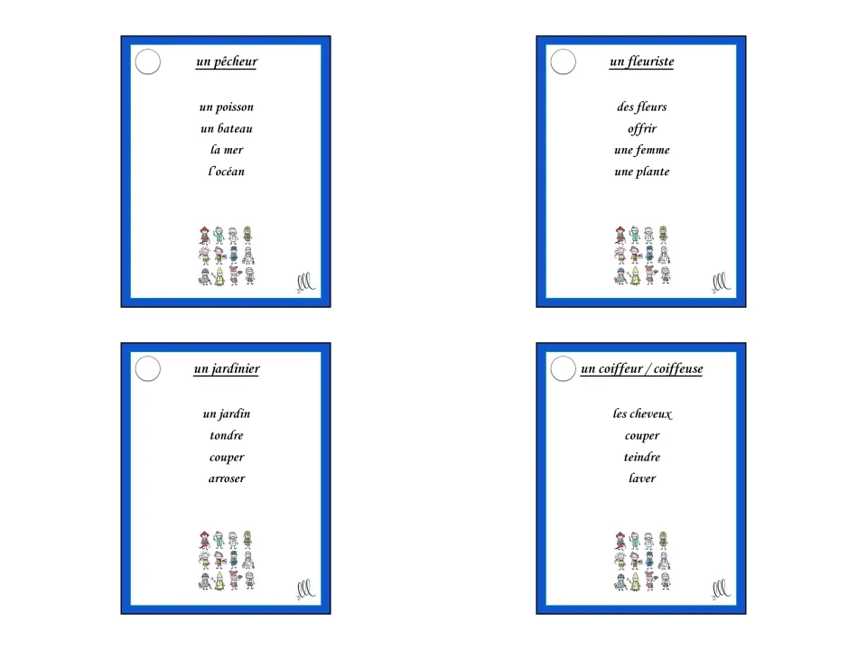 French Taboo cards 16–19: un pêcheur (fisherman), un fleuriste, un jardinier, and un coiffeur / coiffeuse