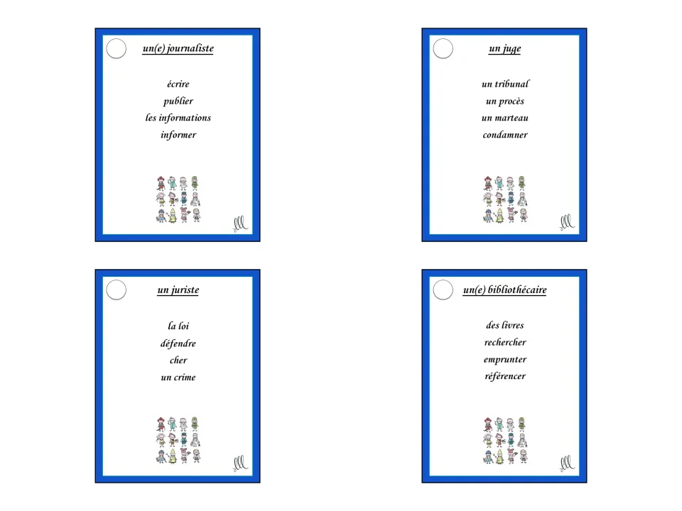 French Taboo cards 20–23: un(e) journaliste, un juge (judge), un juriste, and un(e) bibliothécaire