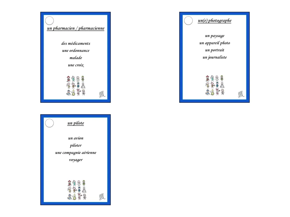 French Taboo cards 28–30: un pharmacien / pharmacienne (pharmacist), un(e) photographe, and un pilote