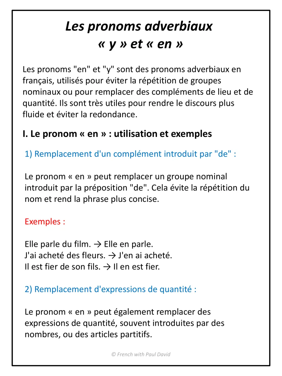 French pronoun lesson introducing en for phrases beginning with de and quantities, with sentence examples