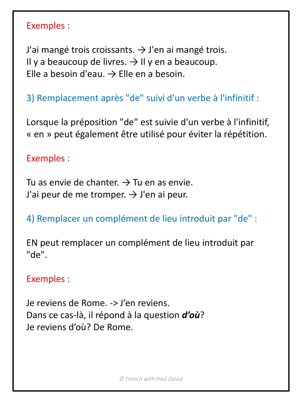 French pronoun lesson continuing en for quantities, de plus an infinitive, and places of origin such as Rome