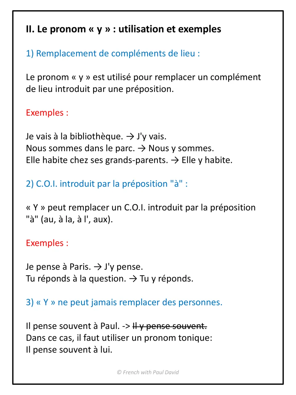 French pronoun lesson on y for locations and complements beginning with à, plus à lui for referring to Paul
