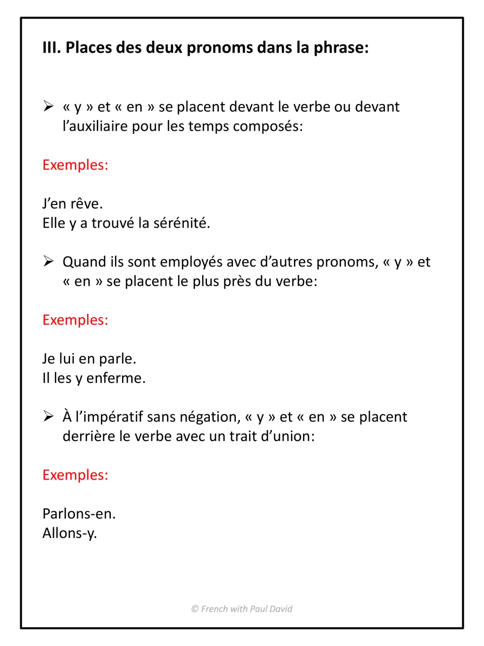 French pronoun placement lesson: y and en before verbs and auxiliaries, and after affirmative commands