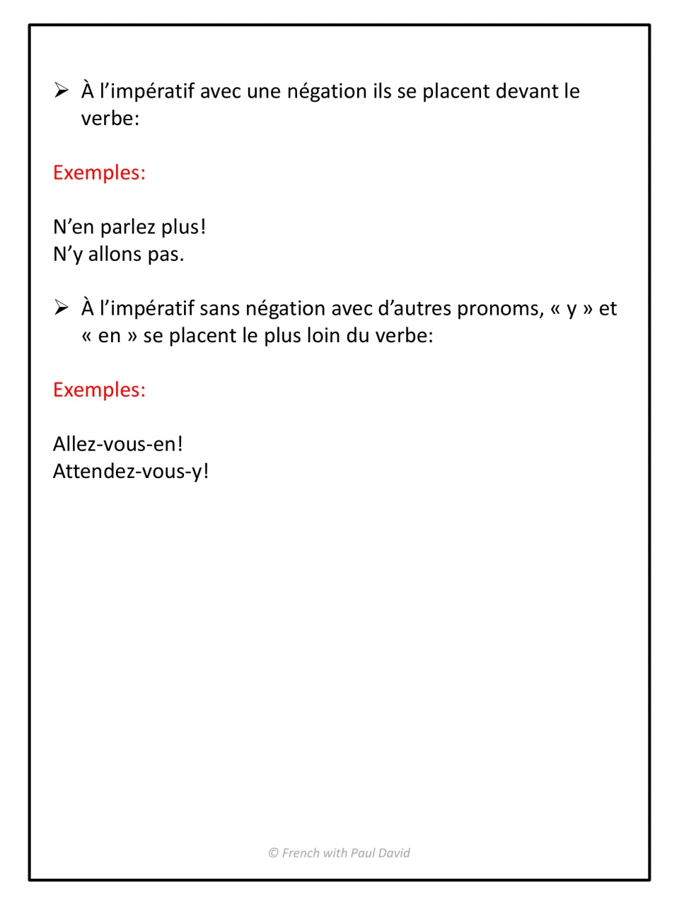 French pronoun placement lesson: y and en in negative commands and affirmative commands with other pronouns