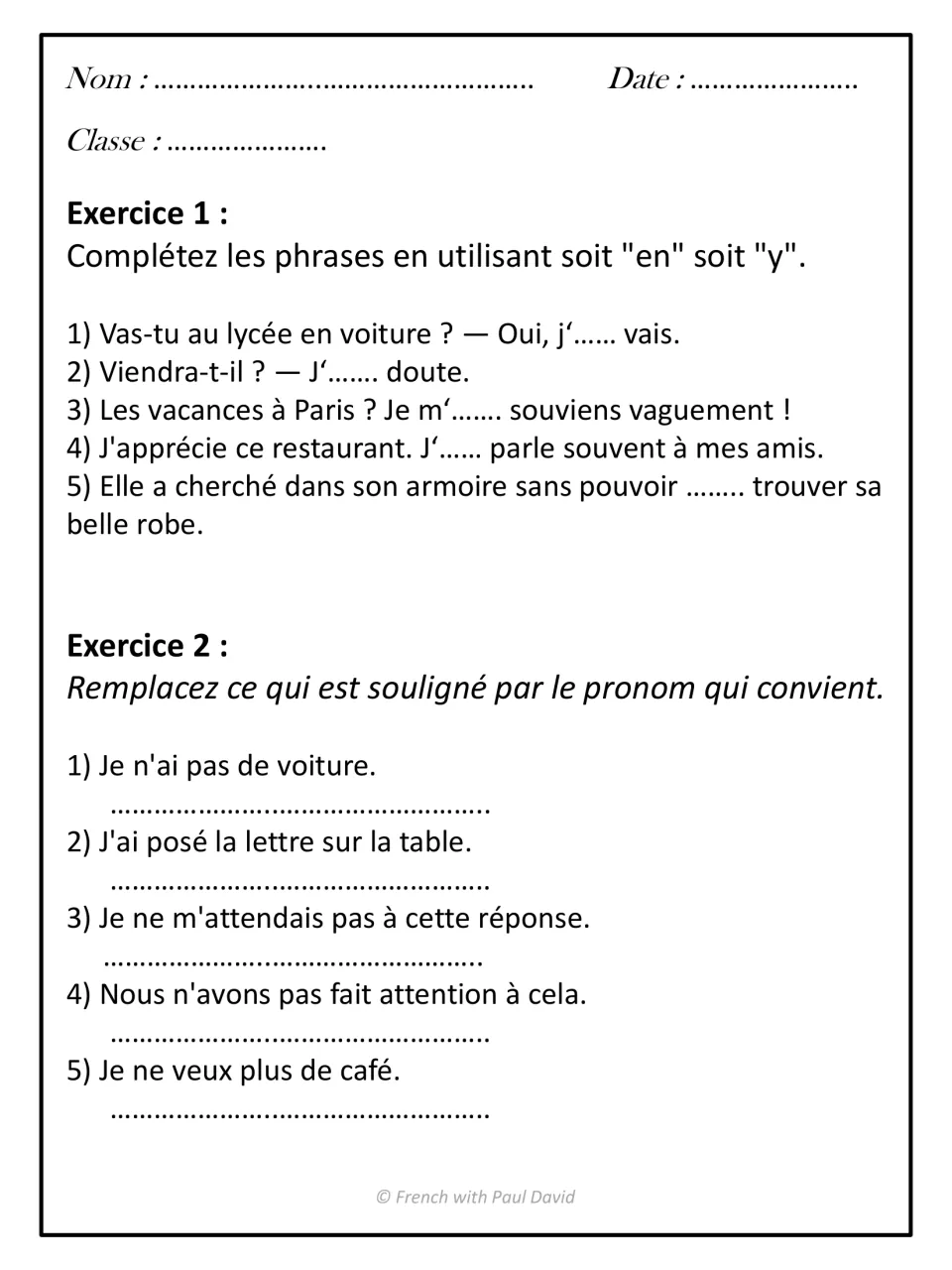 French pronoun practice: choose en or y in five sentences, then rewrite five sentences with the correct pronoun