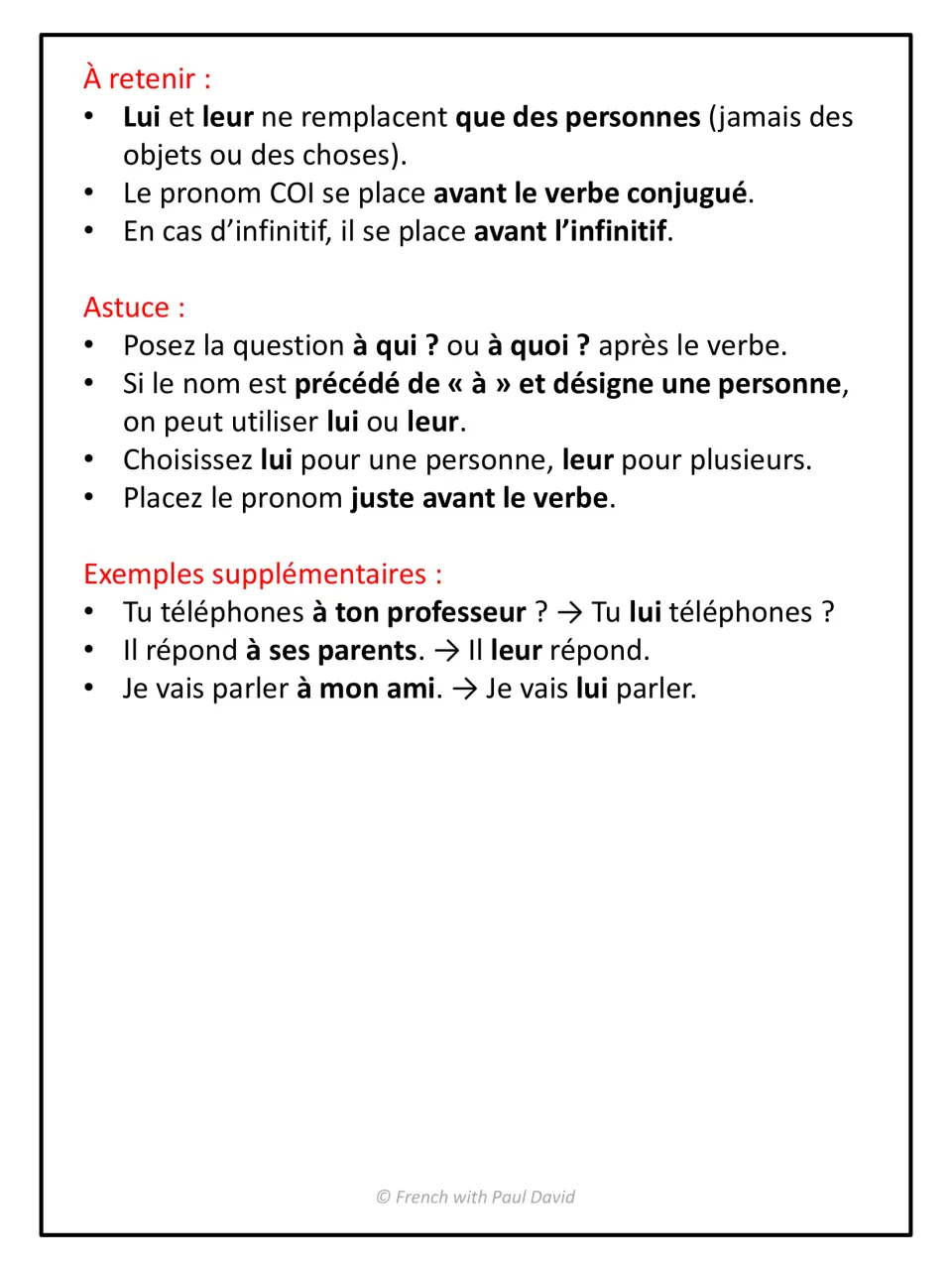 Lui and leur rules: they replace only people and go before the verb, with tips and extra examples like Il leur répond