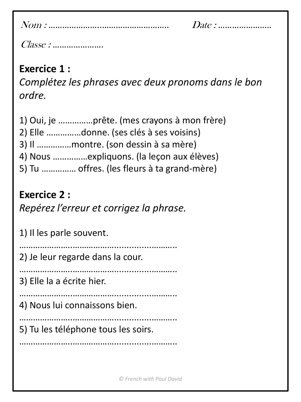 Double pronoun practice: students fill in two pronouns in the right order, then find and fix errors in 5 sentences