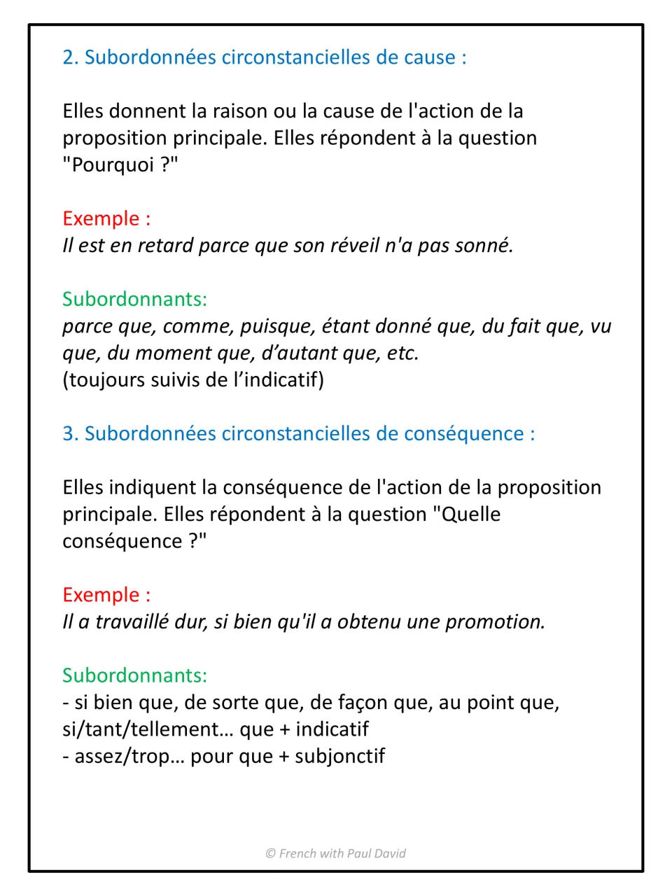 Clauses of cause and consequence: Pourquoi ? and Quelle conséquence ? questions, examples, conjunctions and moods