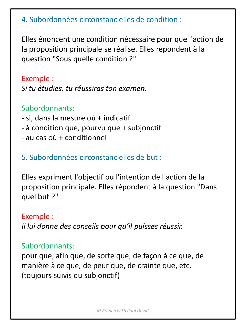 Clauses of condition and purpose: si, à condition que, pour que, afin que listed with the mood each takes and examples