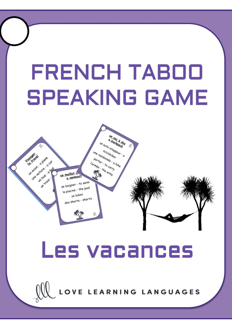 Cover of the French Taboo speaking game on les vacances (vacations), showing sample bilingual game cards